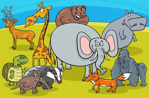 Komik Vahşi Hayvan Çizgi Film Çizimleri Çizgi Roman Karakterleri Grubu — Stok Vektör