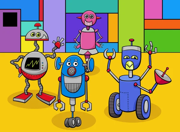 Cartoon Illustratie Van Grappige Robots Stripfiguren Groep — Stockvector