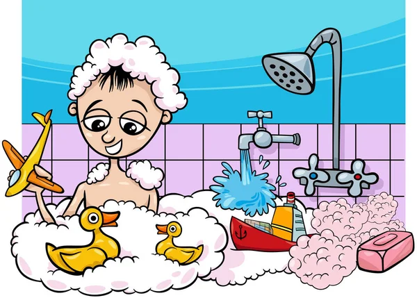 おもちゃと一緒にお風呂に入るかわいい男の子の漫画イラスト — ストックベクタ