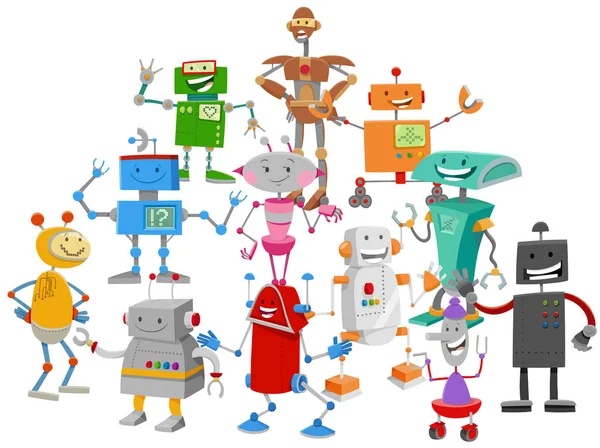 Cartoon Illustratie Van Grappige Robots Droids Fantasie Personages Groep — Stockvector