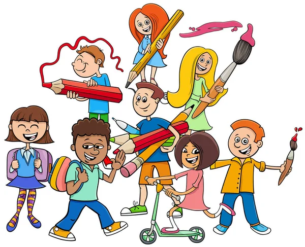 Γελοιογραφία Εικονογράφηση Της Ομάδας Χαρούμενων Μαθητών Δημοτικού Σχολείου Χαρακτήρες — Διανυσματικό Αρχείο