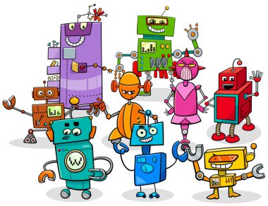 Komik robotlar çizgi roman karakterleri grubu çizimi