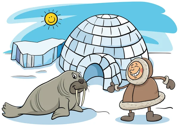 Ilustración Dibujos Animados Personajes Esquimales Lapp Man Con Casa Igloo — Archivo Imágenes Vectoriales