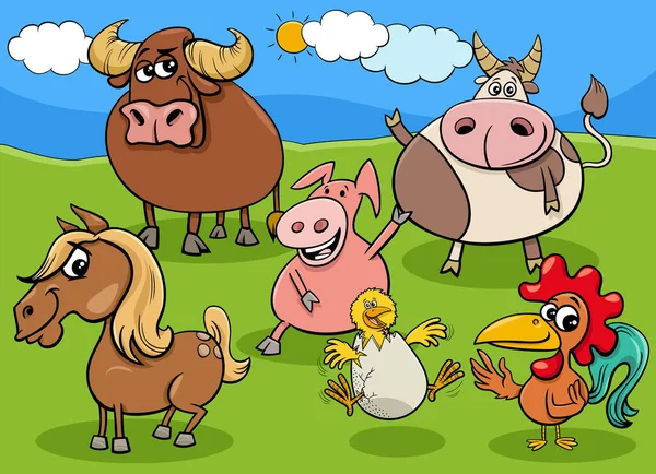 Illustration Bande Dessinée Groupe Personnages Animaux Ferme Campagne — Image vectorielle