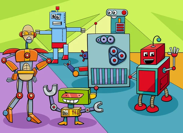 Dibujos Animados Ilustración Robots Divertidos Personajes Cómicos Grupo — Vector de stock