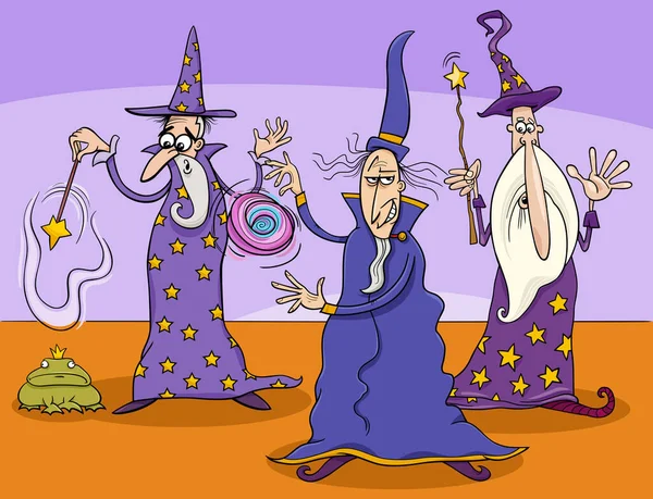 Cartoon Illustration Three Wizards Fantasy Characters — Stock Vector