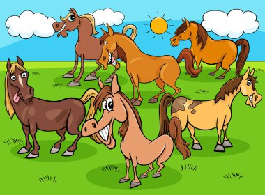 Komik Atlar Çiftlik Hayvan Karakterleri Grubu Karikatür İllüstrasyon