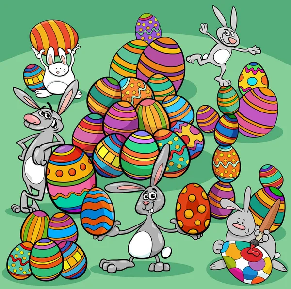 Dibujos Animados Ilustración Personajes Conejito Pascua Feliz Con Huevos Pascua — Archivo Imágenes Vectoriales
