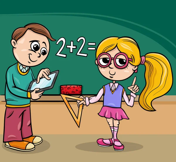 Cartoon Illustration Elementary Age Girl Boy Characters Blackboard — Stock Vector
