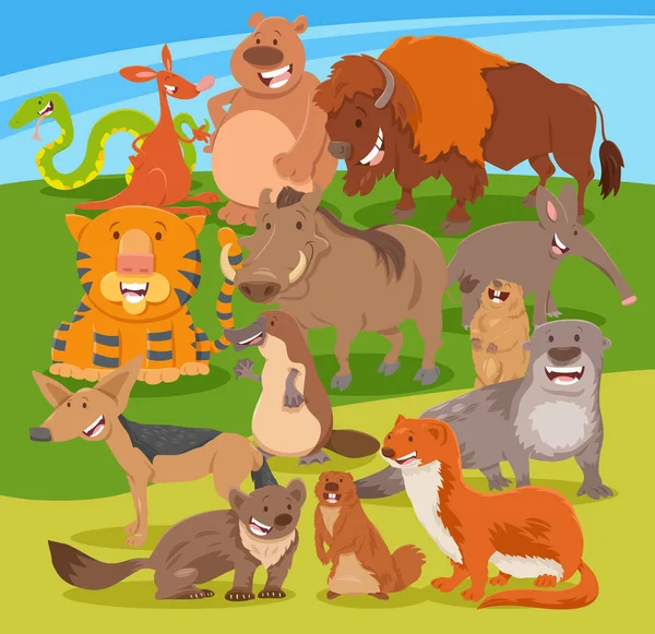 Illustration Bande Dessinée Heureux Animaux Sauvages Groupe Personnages — Image vectorielle