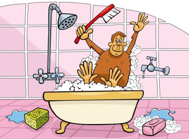 Maymunun banyo yaptığı karikatür çizimleri.