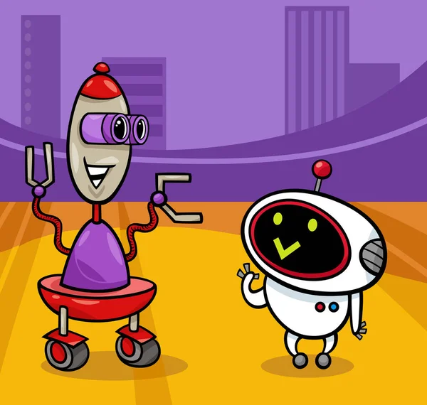 Cartoon Illustration Funny Robots Characters Talking — Stock Vector