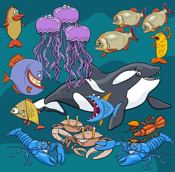 Tecknade Illustrationer Rolig Fisk Sea Life Djur Tecken Group — Stock vektor
