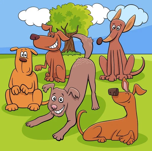Komik Köpek Köpek Yavruları Hayvan Karakterleri Grubunun Çizgi Film Çizimi — Stok Vektör