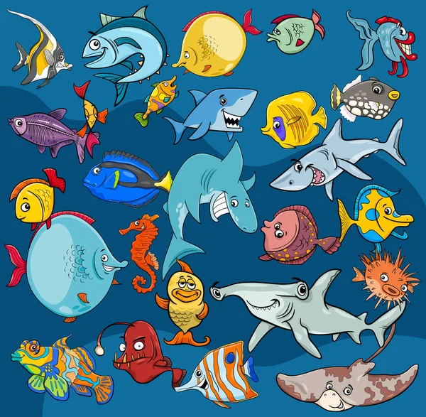 Illustrations Dessins Animés Poissons Vie Marine Personnages Animaux Fond — Image vectorielle