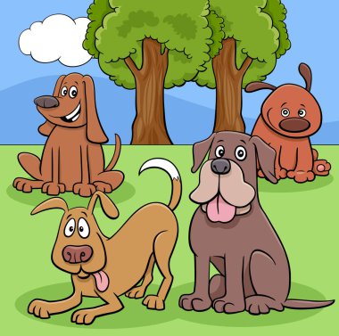 Park 'taki Köpek ve Köpek Yavruları Hayvan Karakterleri Grubu Çizgi Filmi