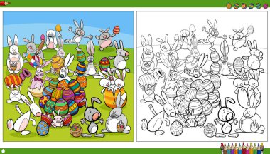 Paskalya yumurtası boyama kitabı sayfası olan mutlu Paskalya tavşanı karakterlerinin çizgi film çizimi