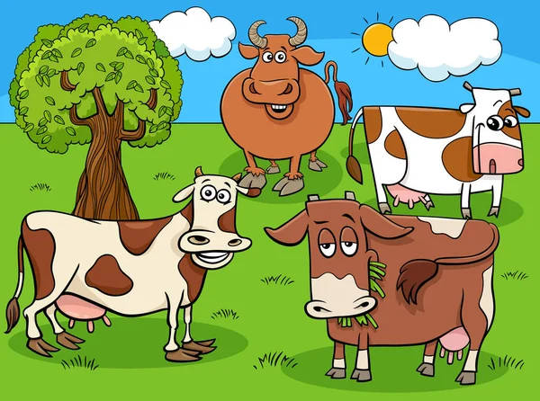 Dibujos Animados Ilustración Del Grupo Animales Granja Vacas Prado — Archivo Imágenes Vectoriales