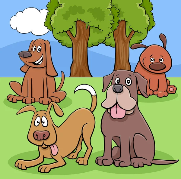 Dibujos Animados Ilustración Perros Cachorros Personajes Animales Grupo Parque — Vector de stock