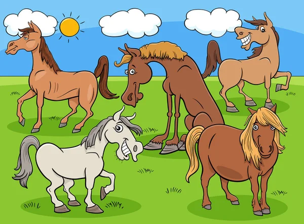 Çayırdaki Komik Atların Çizgi Filmlerdeki Hayvan Karakterleri — Stok Vektör
