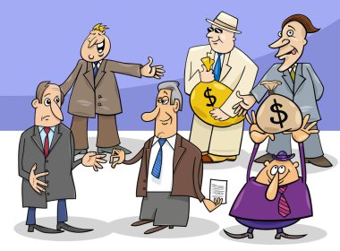 İş adamları ve menajerlerin çizgi film çizimleri. Komik karakterler grubu.