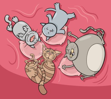 Komik uyuyan kediler ve kedi yavruları çizgi film çizimleri.