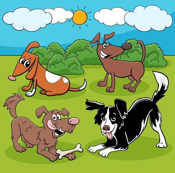 Illustration Dessins Animés Drôles Chiens Ludiques Groupe Personnages Animaux — Image vectorielle