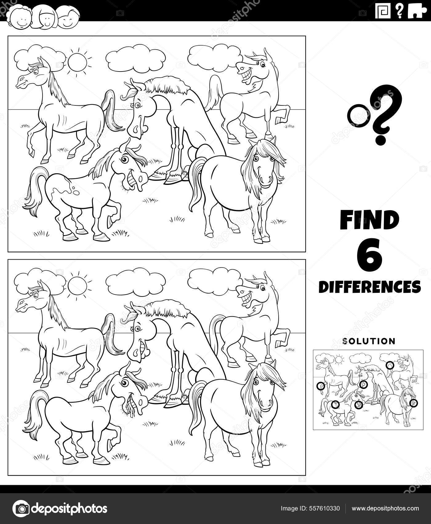 Ilustração em vetor de personagens de desenhos animados de cavalos fofos  para crianças, livro de colorir