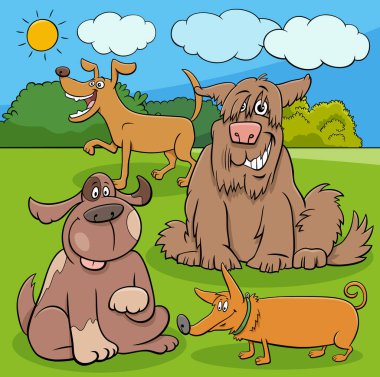Komik köpeklerin çizgi film çizimi parktaki hayvan karakterleri