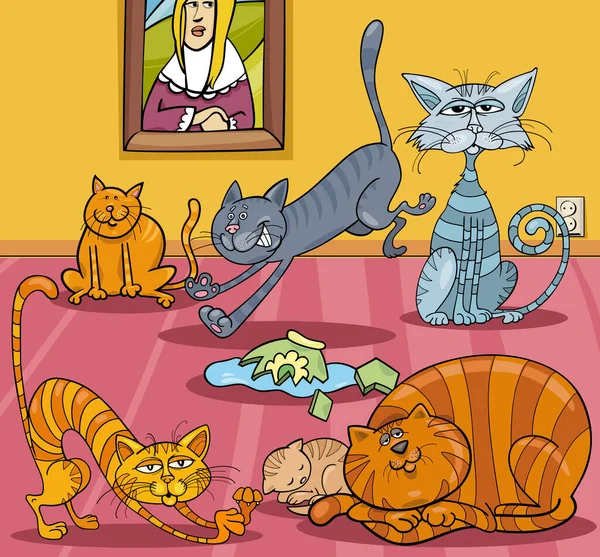 Мультяшна Ілюстрація Смішних Котів Тваринних Персонажів Робить Безлад Кімнаті — стоковий вектор