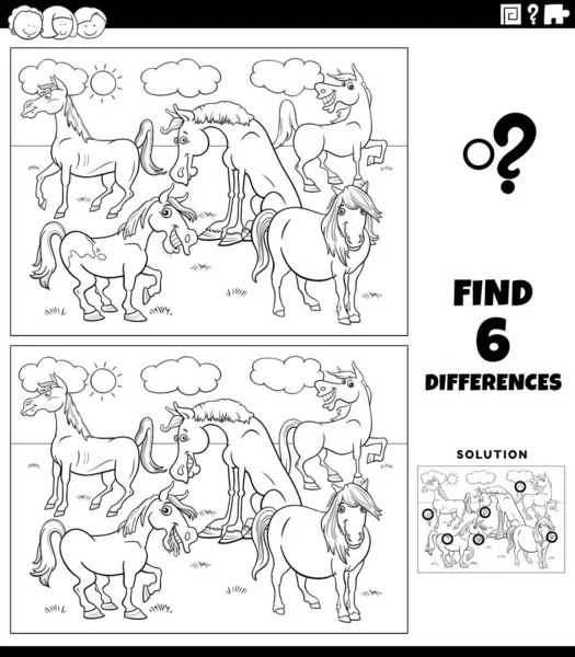 黑白相间的卡通画图解揭示了具有滑稽农场马的孩子在图画教育游戏上的差异 — 图库矢量图片