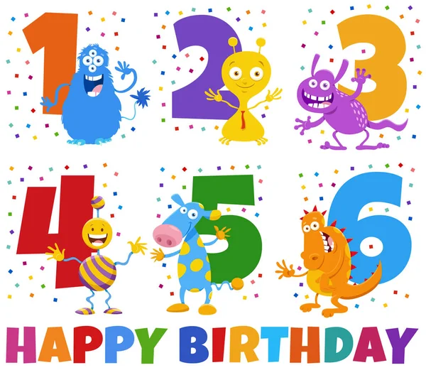 Cartoon Illustration Design Birthday Greeting Cards Set Children Cute Monster — Stock Vector