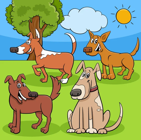 Dibujos Animados Ilustración Perros Juguetones Cachorros Personajes Animales Parque — Vector de stock