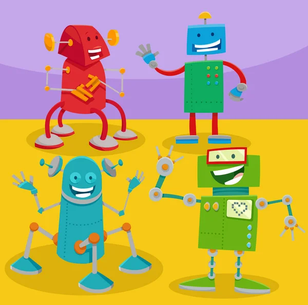 Cartoon Illustratie Van Grappige Robots Droids Fantasie Personages Groep — Stockvector