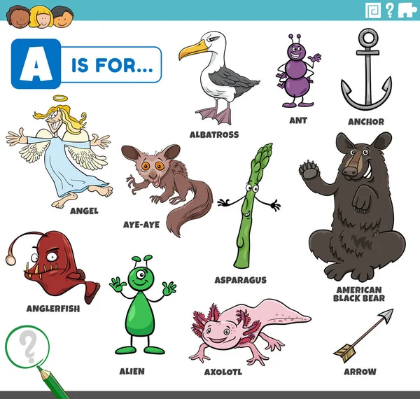 Oktatási Rajzfilm Illusztráció Képregény Karakterek Tárgyak Kezdve Betű Készlet Gyerekeknek — Stock Vector