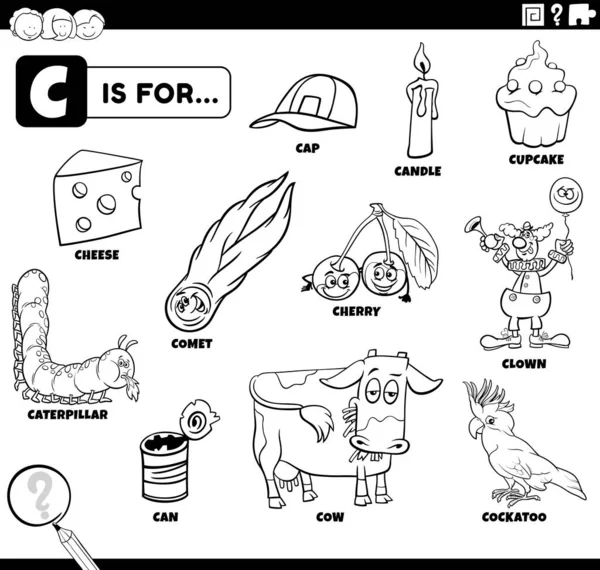 Schwarzweiß Pädagogische Cartoon Illustration Von Comicfiguren Und Objekten Beginnend Mit — Stockvektor