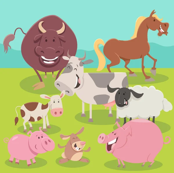 Cartoon Illustratie Van Gelukkige Boerderij Dierlijke Karakters Groep Het Weiland — Stockvector