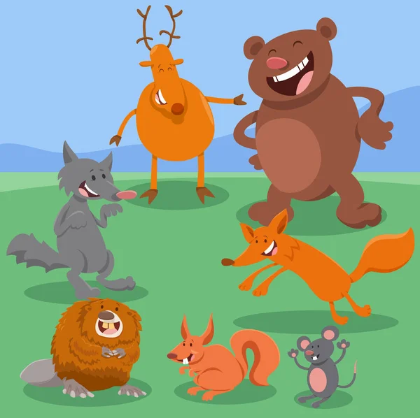 幸せな野生動物のキャラクターグループの漫画イラスト — ストックベクタ