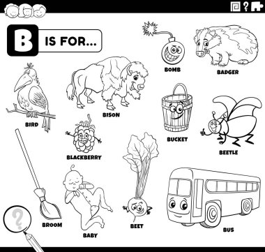 Çocuk kitabı boyama sayfası için B harfiyle başlayan çizgi roman karakterlerinin ve nesnelerin siyah-beyaz çizimleriName