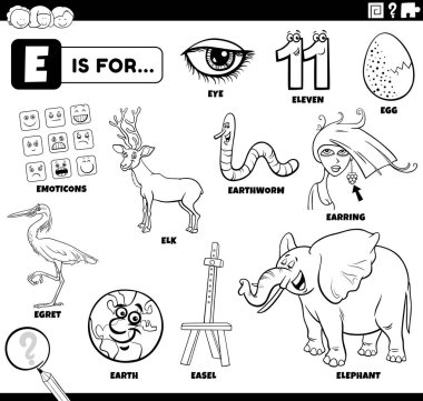 Çizgi roman karakterlerinin ve nesnelerin siyah ve beyaz çizgi film çizimi. Çocuk kitabı boyama sayfası için E harfiyle başlıyor.