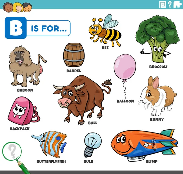 Oktatási Rajzfilm Illusztráció Képregény Karakterek Tárgyak Kezdve Betű Készlet Gyermekek — Stock Vector