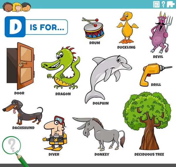 Oktatási Rajzfilm Illusztráció Képregény Karakterek Tárgyak Kezdve Betű Készlet Gyerekeknek — Stock Vector