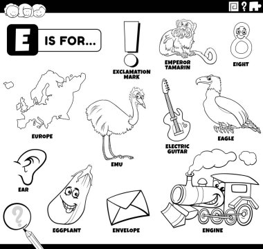 Çizgi roman karakterlerinin ve nesnelerin siyah ve beyaz çizgi film çizimi. Çocuk kitabı boyama sayfası için E harfiyle başlıyor.