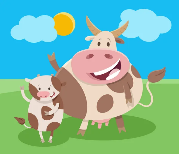 Dessin Animé Illustrant Caractère Animal Ferme Vaches Heureuses Avec Veau — Image vectorielle
