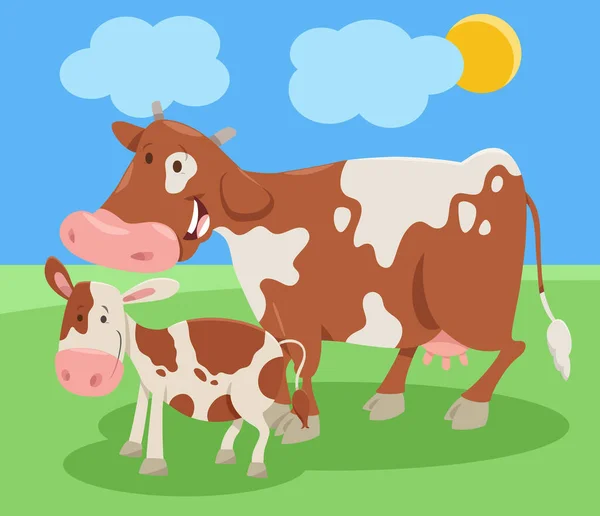 Cartoon Illustration Der Lustigen Kuh Bauernhof Tierfigur Mit Kalb — Stockvektor