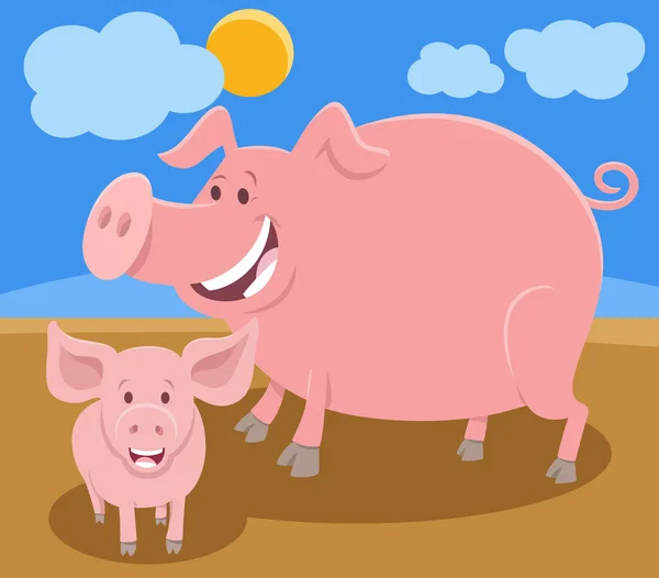 Ilustrasi Kartun Karakter Hewan Ternak Babi Bahagia Dengan Anak Babi - Stok Vektor