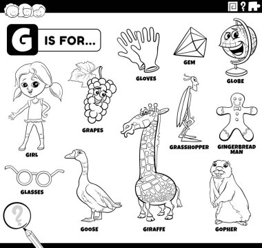 Çocuk kitabı boyama sayfası için G harfiyle başlayan komik karakterlerin ve nesnelerin siyah ve beyaz eğitici çizimleri