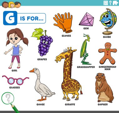 G harfi için hazırlanmış komik karakterleri ve nesneleri olan çocuklar için eğitici çizgi film çizimi