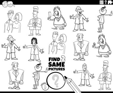 Komik insanların ya da iş adamlarının çizgi roman sayfalarını boyayarak aynı iki eğitici oyunu bulmanın siyah ve beyaz çizimi