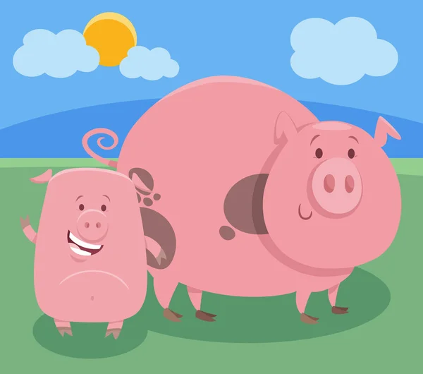 Ilustrasi Kartun Karakter Hewan Ternak Babi Dengan Babi Kecil Yang - Stok Vektor